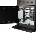 Open black electronic enclosure showing internal components and wiring.