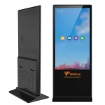 Digital signage display stand with a touchscreen interface and a sleek black design.