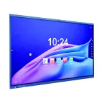 Blue interactive touchscreen display showing time and application icons on the screen.
