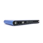 Blue audio interface featuring various input and output ports on the back panel.