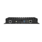 Back view of an industrial mini PC featuring various ports including HDMI, USB, and Ethernet.