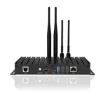 Back view of an industrial network device featuring various ports and antennas.