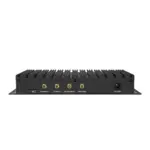 Black industrial router featuring multiple antenna ports and a power input on the back panel.