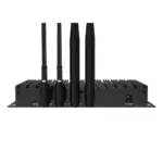 Black industrial network router featuring multiple antennas and ports on the back panel.