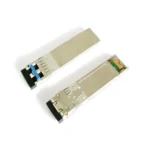 Two SFP optical transceiver modules with metal casing and connectors visible.