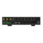 Back panel of a network device showing various ports and connectors including HDMI and USB.