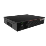 Black compact desktop computer with a power button and USB port on the front panel.
