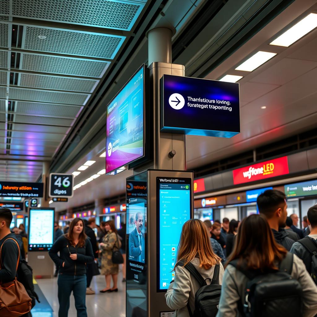 interactive wayfinding screens in a transportation hub