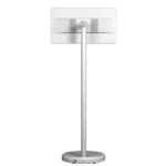A modern standing fan with a sleek design and adjustable height, featuring a circular base and a rectangular head.