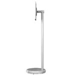 Silver floor stand designed to hold a monitor with a sleek, modern design.