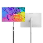 Adjustable monitor featuring a vibrant, colorful display with abstract patterns.