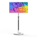Adjustable stand supporting a colorful display monitor with a vibrant abstract design.